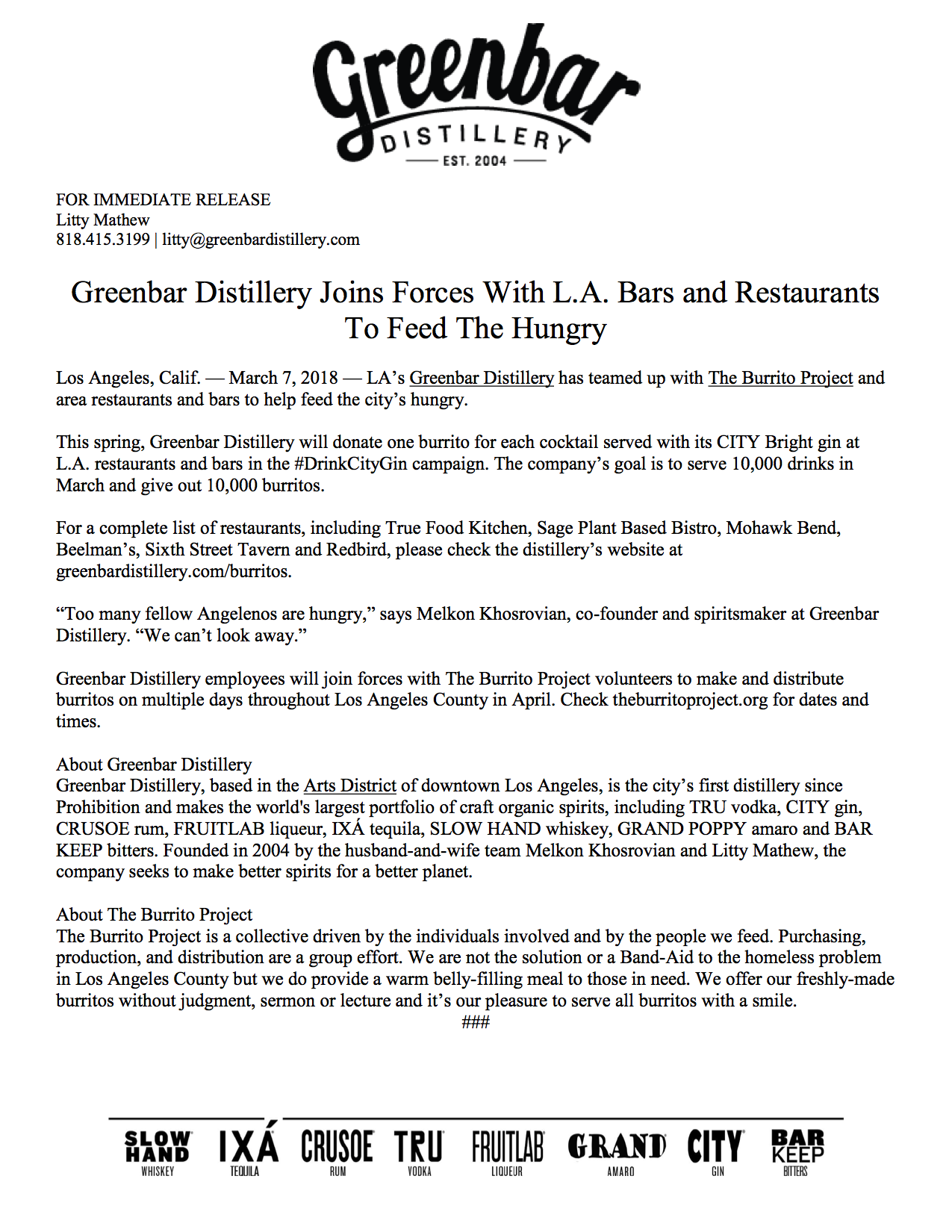 Greenbar Distillery Press Release